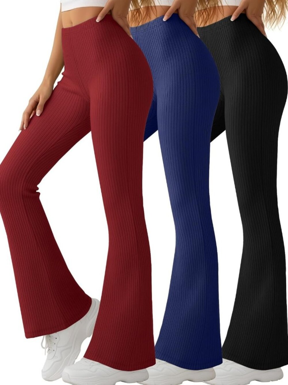 3-Pack Women's Ribbed Flare Yoga Pants | Bell Bottoms in 3 Colors | Size M